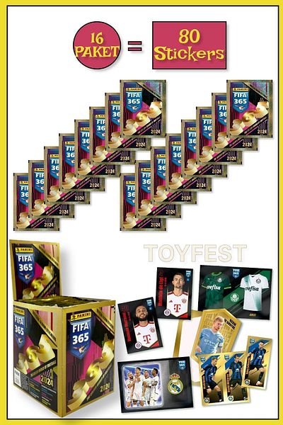 TOYFEST بطاقات ملصقات لاعبي كرة القدم من Panini Fifa 365 2024 - 16 حزمة (80 ملصقًا)