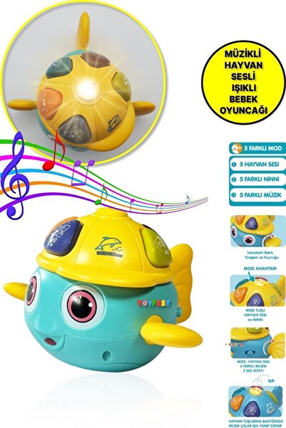 TOYFEST Deniz Canlıları Sesi Çıkaran Işıklı Müzikli Balık Şekil İnteraktif Bebek Eğitici Tuşlu Oyuncak Mavi
