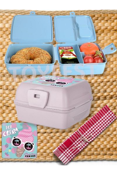 TOYFEST 2 Layers and Lid School Lunch Box with Fork & Spoon Storage Container - Ice Cream Model - 1 PC