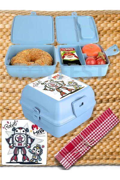 TOYFEST 2 Layers and Lid School Lunch Box with Fork & Spoon Storage Container - Robot Model - 1 PC