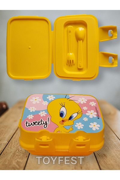 TOYFEST Lock Lid 2-Layer 4-Compartment Rectangular Lunch Box & Nutrition with Spoon and Fork - Tweety Themed