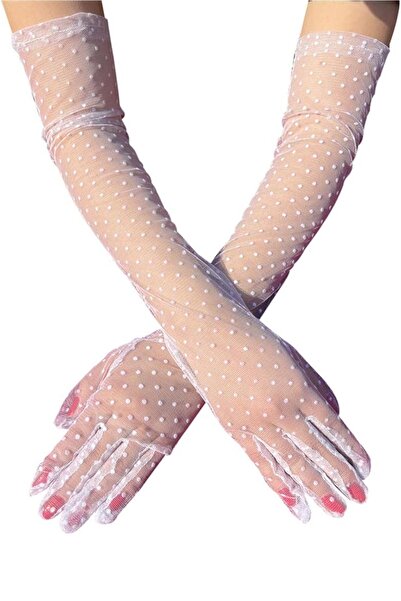 TOYFEST Γάντια από τούλι για ενήλικες 55 cm Λευκά πουά - Νυφικά γάντια από τούλι