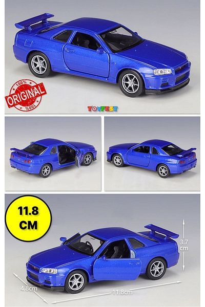 TOYFEST Nissan Skyline Gtr R34 Pull Drop Die - سيارة معدنية مع أبواب قابلة للفتح - أزرق 1:32 - 11.8 سم