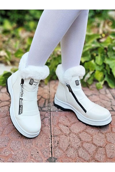 EPTC -Children's Furry White Boots with Double Zipper on the Side Non-Slip White Thick Sole Wide Fit