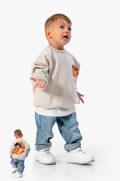 Jikko Baby Baskılı Sweatshirt Kot Pantolon 3'lü Bebek Çocuk Takımı 9039