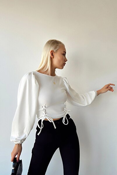 bacc Λευκή μπλούζα με μανίκια με μπαλόνι - Λεπτομέρεια ματιών, Crew Neck Bcdf- 231015