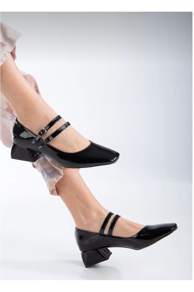 İZCE MODA جلد أسود لامع - حذاء بكعب جلدي