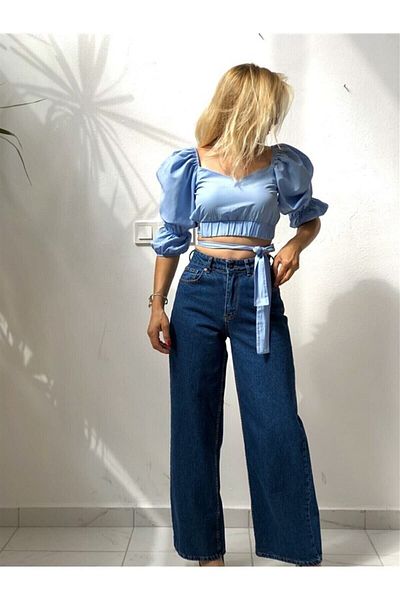 DRC trend Maya Deep Blue - Lycra anilor 90, blugi largi cu talie super înaltă Pantaloni Palazzo