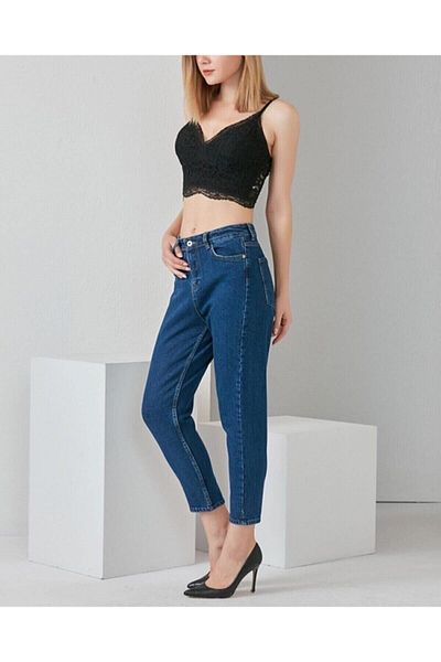 DRC trend Pantaloni Mom Jean din Lycra albastru închis (culoarea nu se estompează)