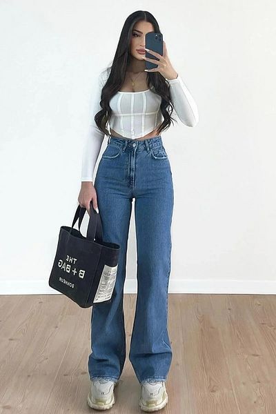 DRC trend Pantaloni palazzo din denim cu picior largi, în lycra, anii 90, de culoare albastru mediu