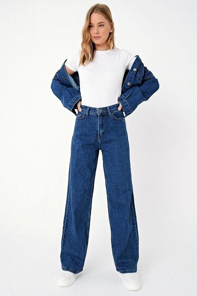 DRC trend Blue Power Lycra cu talie super înaltă, blugi largi, pantaloni Palazzo
