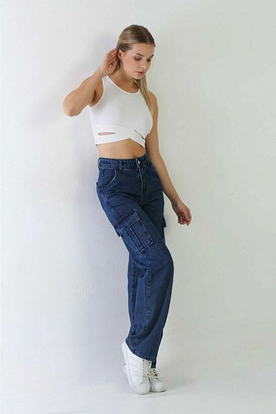 DRC trend Eylül Pantaloni de jeans cu talie super înaltă din lycra, largi la spate, albastru închis