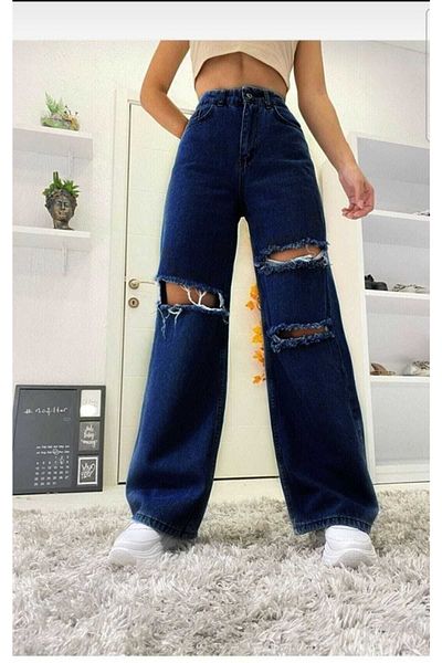 DRC trend Olivia 90s - Pantaloni largi Jean Palazzo cu talie foarte înaltă, cu detaliu rupt albastru mediu