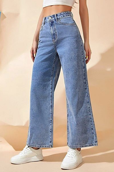 DRC trend Blugi din denim largi cu talie super înaltă albastră Pantaloni Palazzo - All Blue
