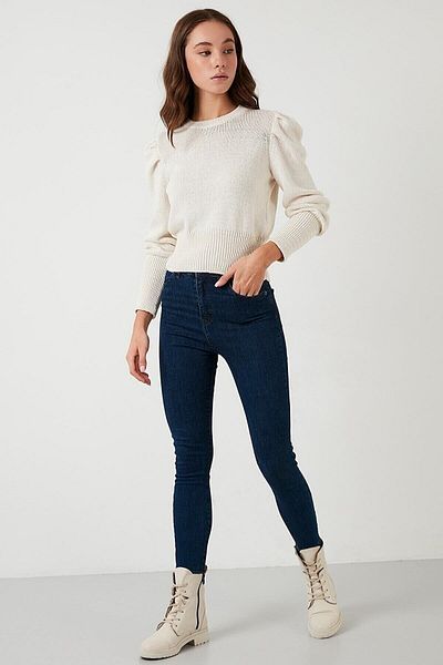DRC trend Pantaloni de damă din lycra subțire albastru închis Montreal - talie înaltă și lungime gleznă