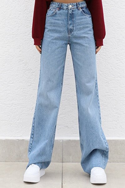 DRC trend Pantaloni largi din lycra albastru deschis anilor 90 cu talie super...