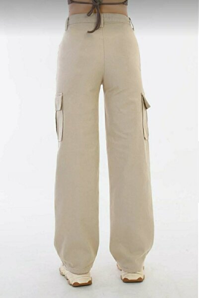 DRC trend Sasha Beige Cargo Loose No Back Pocket Lycra Super High Waist Jean Trousers