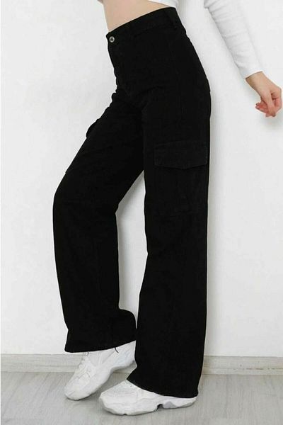 DRC trend Miyamisu Power - Pantaloni Palazzo din denim negru Lycra pentru femei cu buzunar cargo și talie super înaltă