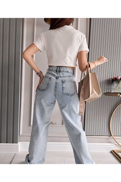 DRC trend Disaster Light Blue Snow Wash Lycra Pantaloni Palazzo din denim cu talie super înaltă