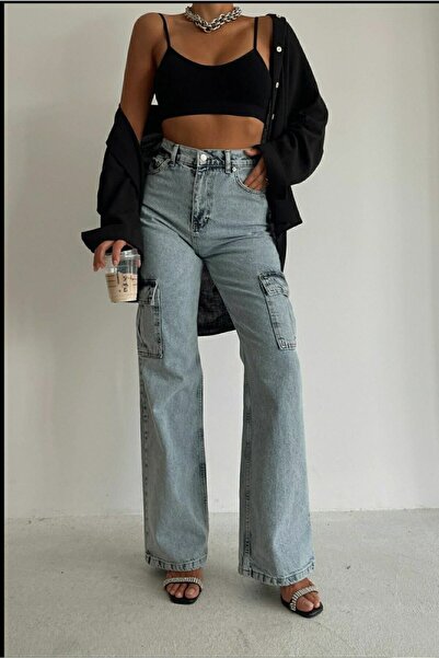 DRC trend Blue Light Snow Cargo Buzunar Lycra Pantaloni largi cu talie super ...