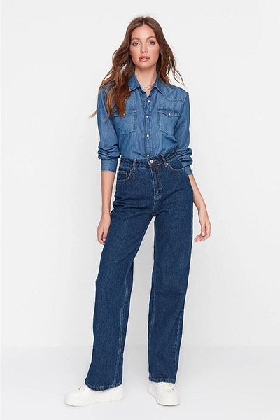 DRC trend Pantaloni de damă Elena Power Lycra, albastru închis, cu talie super înaltă, cu picior largi, Jans Denim Palazzo