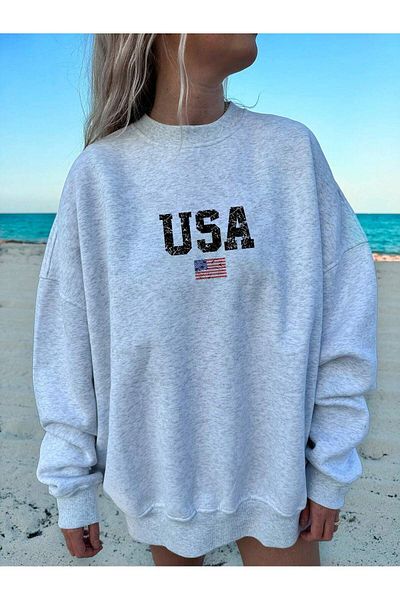 Mythologie Γκρι φούτερ Oversize - USA Flag Printed, Crew Neck