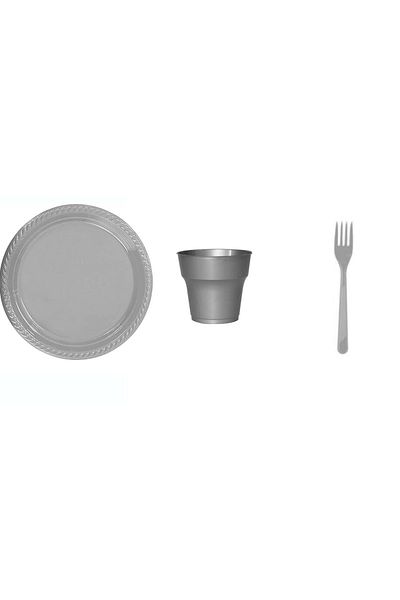Ambalaj Evi Plate Set Plastic Party Plate Set Silver 75 Pieces