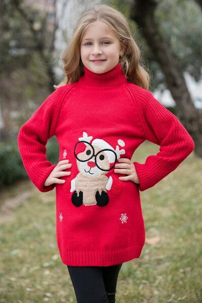 Lela Christmas Themed Turtleneck Long Sweater Girl's Sweater 633809