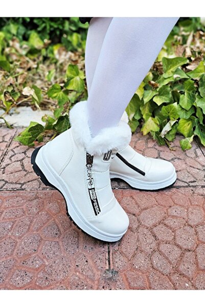 EPTC -çocuk Kürklü Beyaz Bot Yandan Çift Fermuarlı Kaymaz Beyaz Kalın Taban Geniş Kalıp