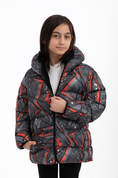 Montland Girl's Digital Printed Pattern Fleece Water and Windproof Hooded Puffer Winter Jacket with Pockets