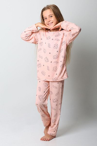 Burki Children's Long Sleeve Crew Neck Pajamas Set - Salmon Kitten Pattern