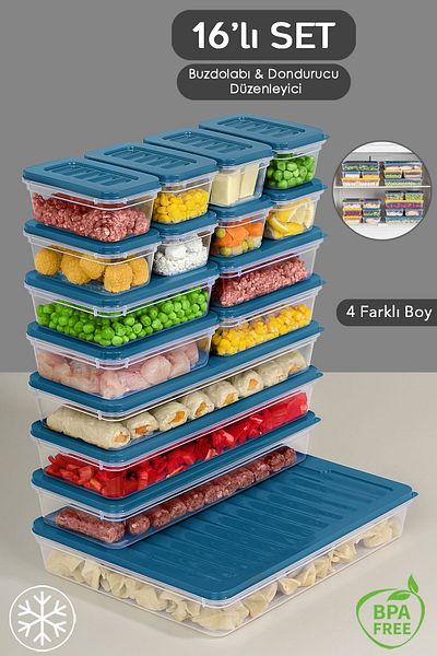 Meleni Home 16 Pieces Blue Storage Container Suitable for Microwave and Diffraction - 1X2400Ml 3X1170Ml 4X600Ml 8X240Ml