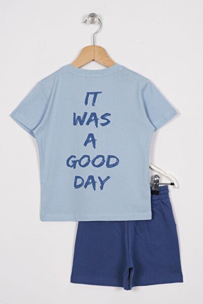 zepkids Costum Capri Băieți - Imprimat Zâmbet, Imprimat Text, Culoare Ice Blue