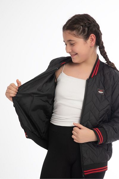 Royalside Girl's Black College Collar Lined Water and Windproof Zippered Pocket Coat Jacket