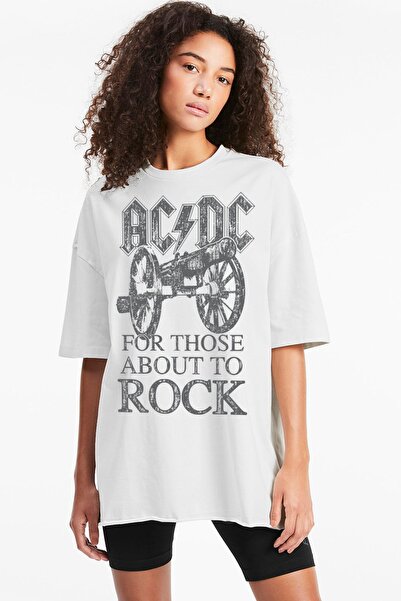 ROCKANDROLL Top Rock Acdc Tricou alb oversize cu mânecă scurtă pentru femei