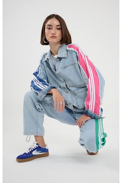 Calisa Jachetă de blugi și costum de blugi pentru femei cu detaliu de dungi colorate - Jogger din denim