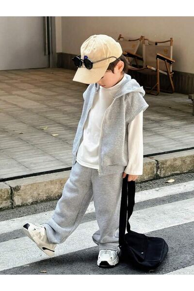 Machetta Çocuk  Oversize Kapüşonlu Fermuarlı Kolsuz Hırka Eşofman  Takım