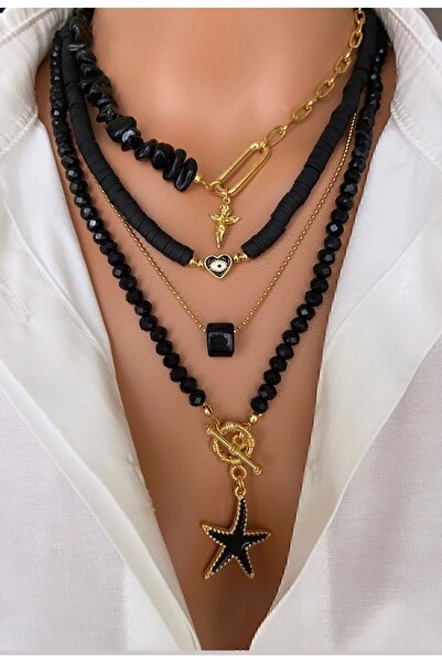 Trend Jewellery ( 4 Kolye ) Doğal Taş Kadın Siyah Oniks Çelik Zincir Altın Kaplama Melek Yıldız Özel Kadın Kolye