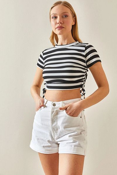 bacc Μπλούζα με μαύρη ριγέ καμιζόλα - Crew Neck, Side Gathered Bc 241064