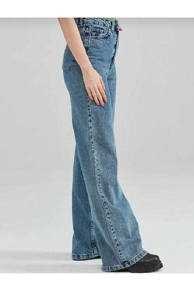 DRC trend Pantaloni Palazzo din denim Alfie Mid Blue Snow Wash Lycra cu talie super înaltă