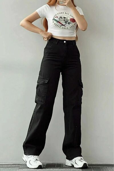 DRC trend The Black Cargo Pocket Pantaloni largi din denim cu talie înaltă, a...