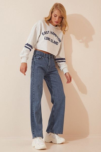 DRC trend Tiger Blue 90's Lycra - Blugi Palazzo largi cu talie super înaltă