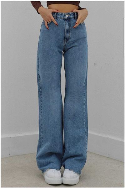 DRC trend Denim cu picioare largi albastru mediu - Blugi din lycra cu talie înaltă