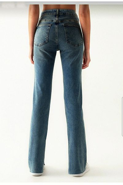 DRC trend Blugi largi cu talie super înaltă din Lycra, albastru cu fantă de zăpadă din anii 90