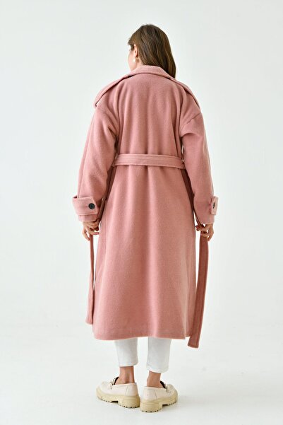 bayansepeti Γυναικείο παλτό Midi Dusty Rose - Λεπτομέρεια ζώνης, Διπλό γιακά, Μακρυμάνικο, Φόδρα 9002