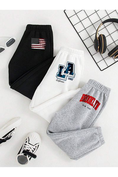 Mythologie 3-pack Flag La Brooklyn printed Jogger Sweatpants - Μαύρο Λευκό Γκρι Καουτσούκ Πόδι Ψηλόμεσο Καλοκαίρι