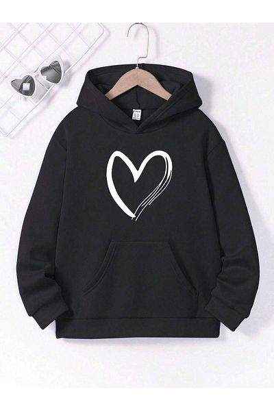 aynewmoda черен оувърсайз суитшърт с качулка и щампа на сърце