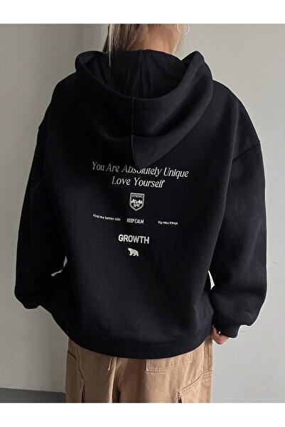 Mythologie Black Oversize Hooded Sweatshirt - Growth Keep Calm Printed