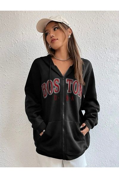 Mythologie Boston Usa Thick Cardigan - Μαύρη εμπριμέ καλοκαιρινή ζακέτα με φερμουάρ και τσέπη με κουκούλα