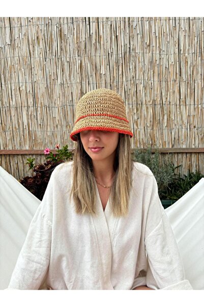 dilekorgudunyasi Hasır Renkli Turuncu Şeritli Bucket Şapka